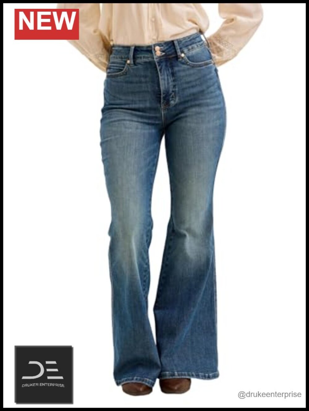 High Rise Flare Leg Jeans with Tummy Control Double Button